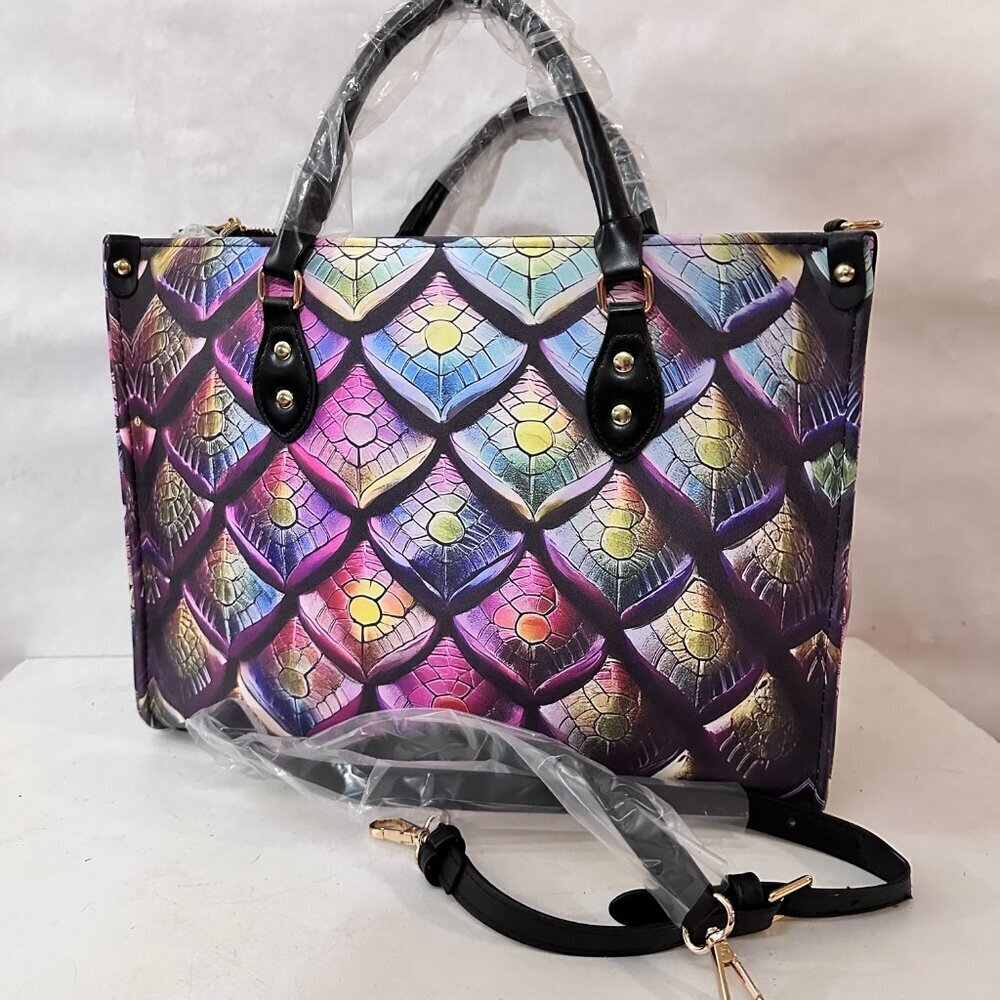 Psychedelic Mermaid Tote Bag Genuine Leather NWT Designer Pop Art Statement Gift - Picture 5 of 9